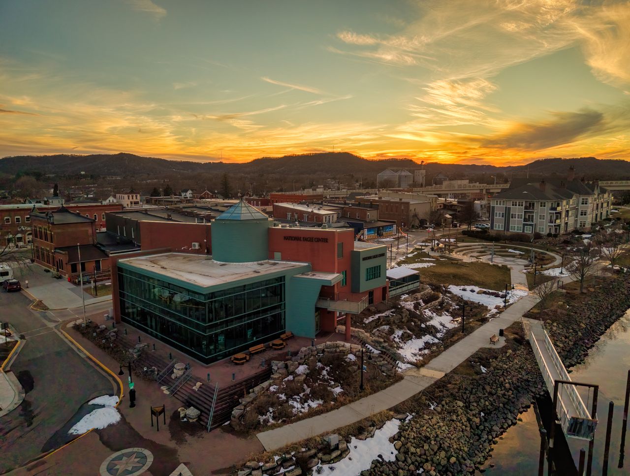 Aerial view of the National Eagle Center in Wabasha, Minnesota during sunset.
